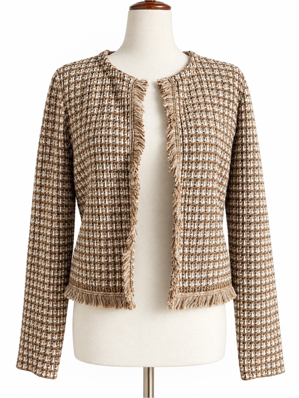 Ann Taylor Factory Fringe Tweed Open-Front Cropped Blazer Jacket Size L